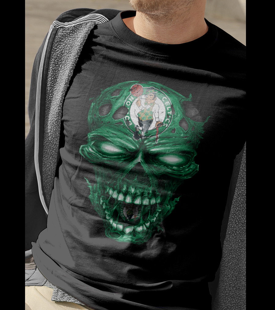 Boston Celtics Skull With Team Logo And Green Fire Eyes T-Shirt