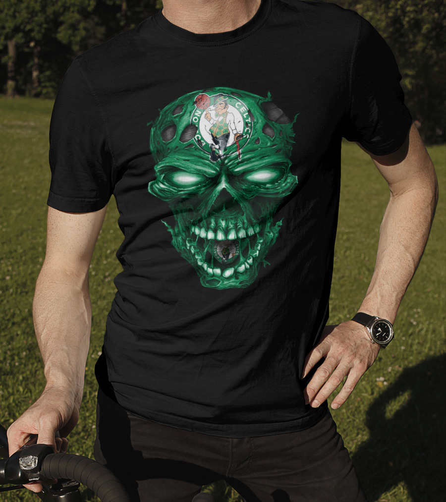 Boston Celtics Skull With Team Logo And Green Fire Eyes T-Shirt