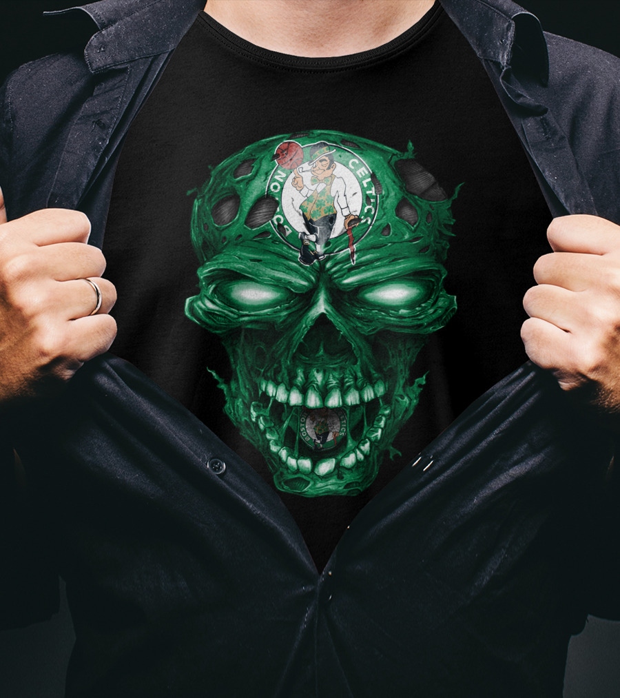 Boston Celtics Skull With Team Logo And Green Fire Eyes T-Shirt