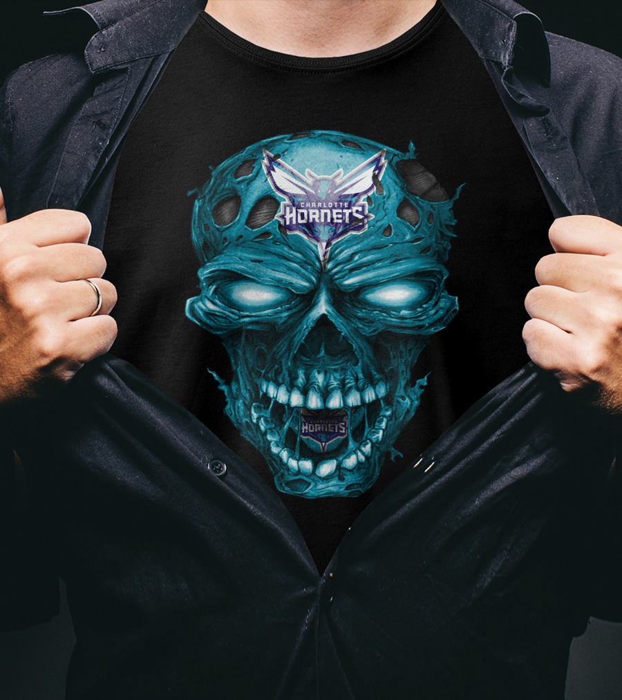 Charlotte Hornets Skull Logo Creepy Blue T-Shirt