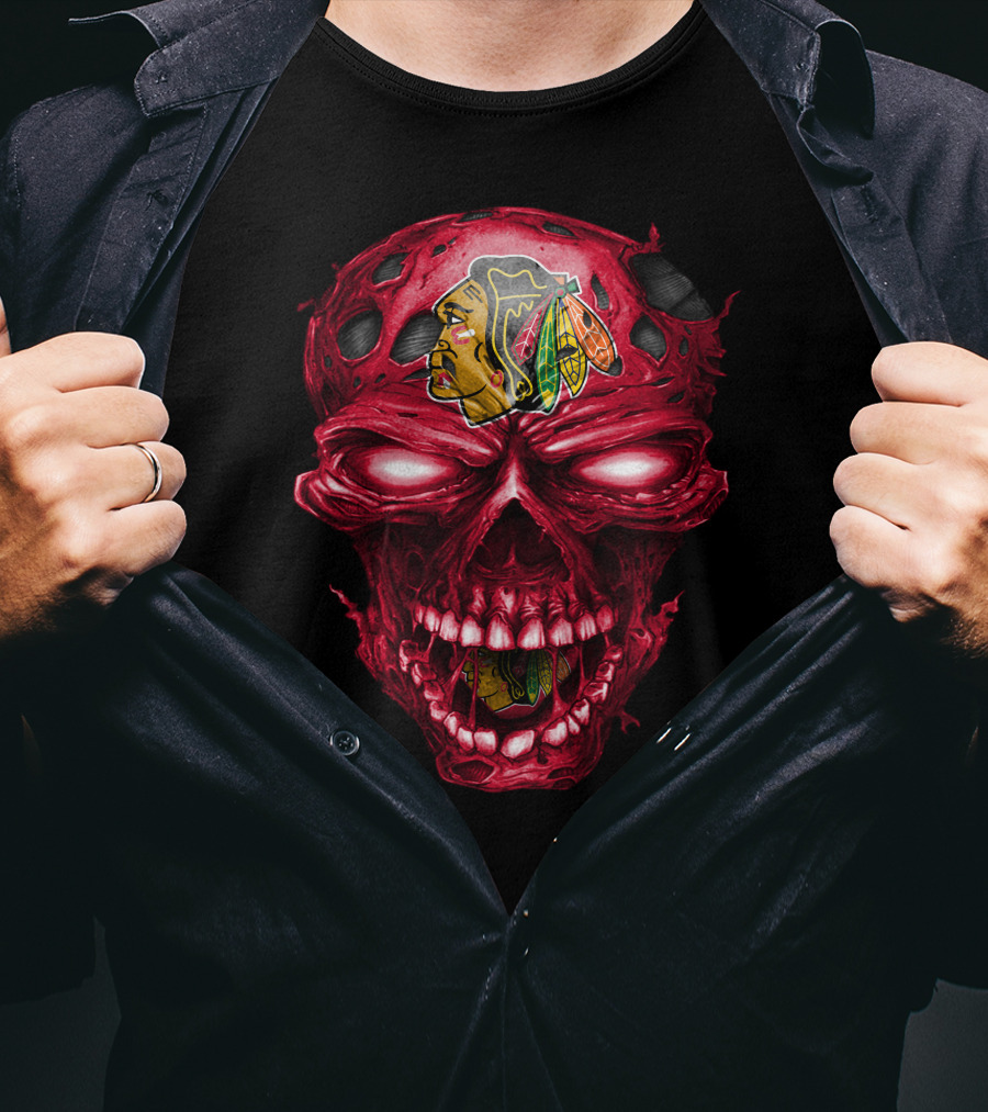 Chicago Blackhawks Skull Red Grunge Horror Style T-Shirt