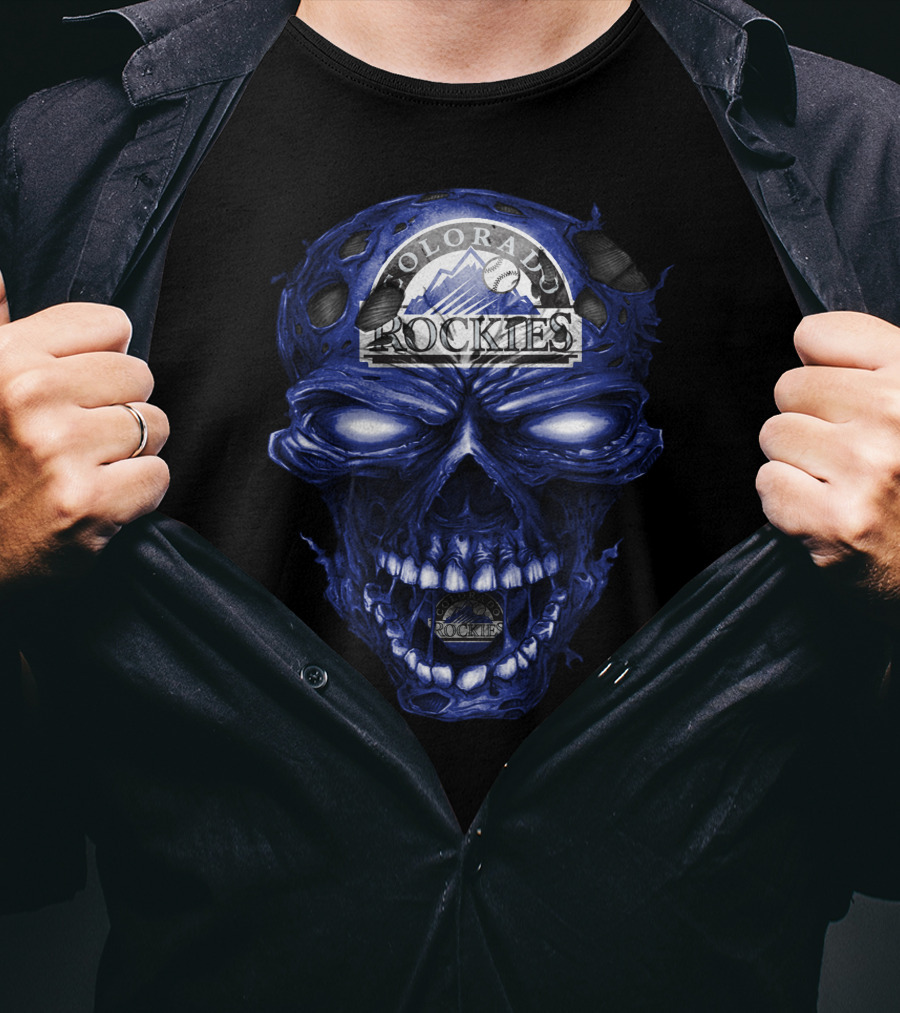 Colorado Rockies Skull Logo With Blue Fiery T-Shirt