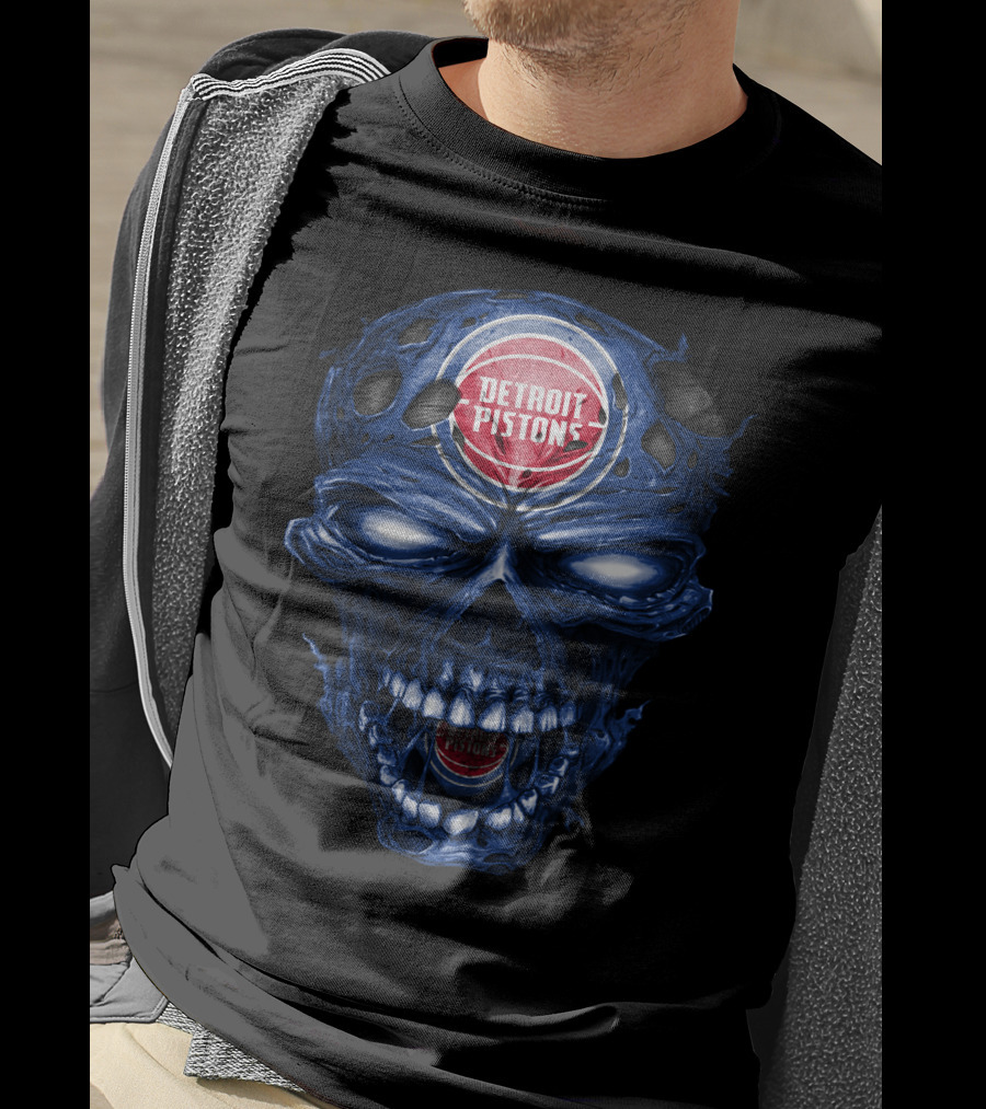 Detroit Pistons Skull Grunge Blue Basketball T-Shirt