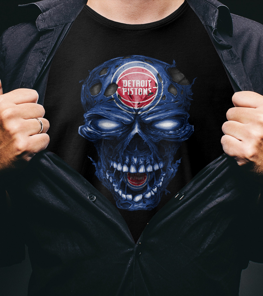 Detroit Pistons Skull Grunge Blue Basketball T-Shirt