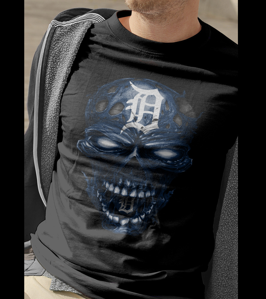 Detroit Tigers Skull Dark Blue White Logo Fusion T-Shirt