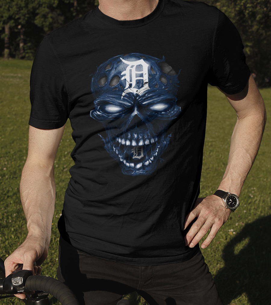 Detroit Tigers Skull Dark Blue White Logo Fusion T-Shirt