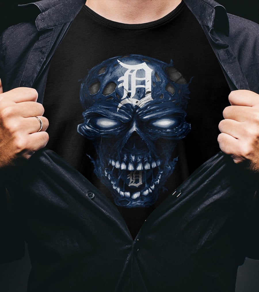 Detroit Tigers Skull Dark Blue White Logo Fusion T-Shirt