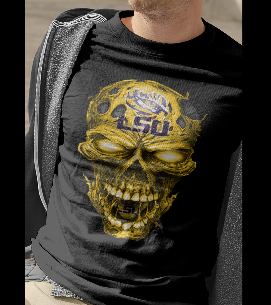 Lsu Tigers Skull Graphic With Logo And Fierce Glowing Eyes T-Shirt