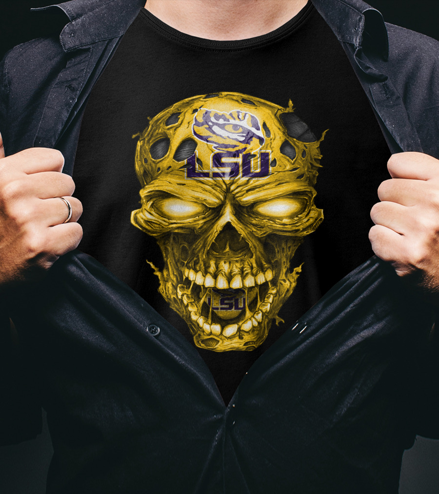 Lsu Tigers Skull Graphic With Logo And Fierce Glowing Eyes T-Shirt