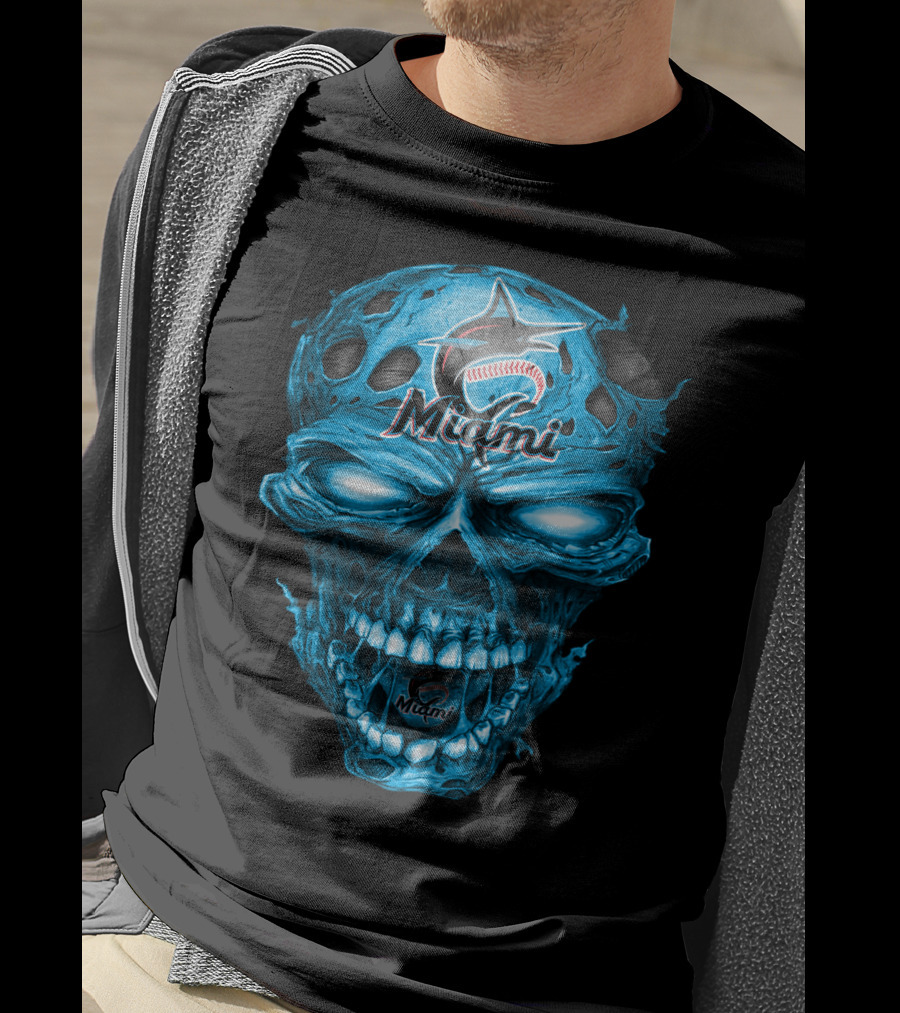 Miami Marlins Skull Blue Baseball T-Shirt