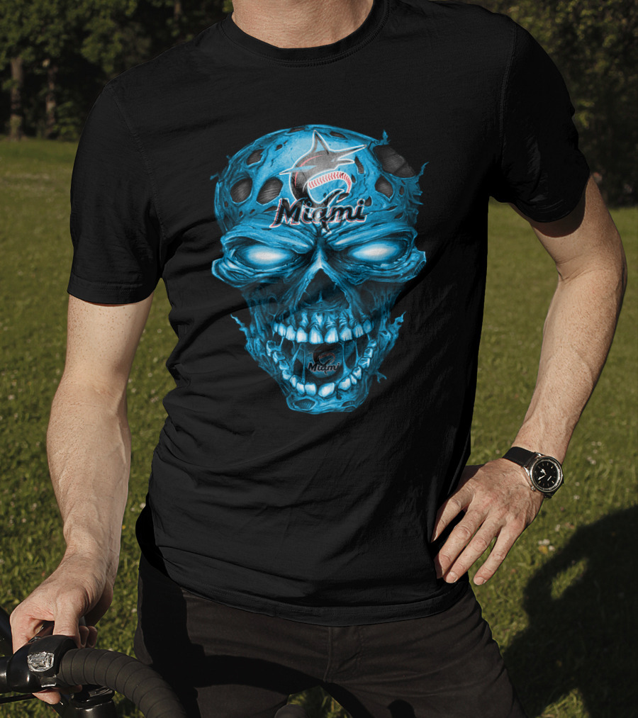 Miami Marlins Skull Blue Baseball T-Shirt