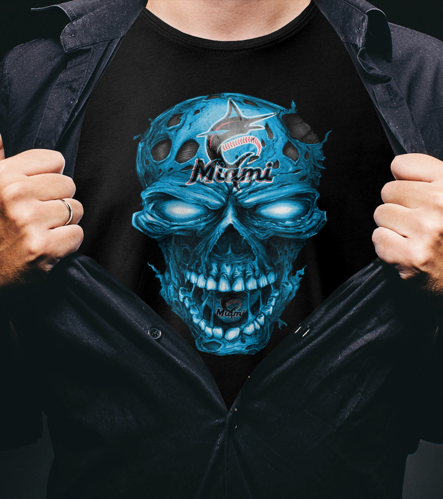 Miami Marlins Skull Blue Baseball T-Shirt