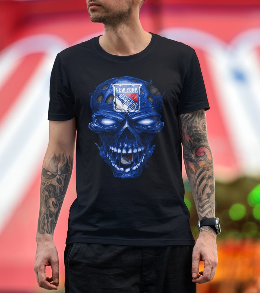 New York Rangers Skull Blue Biker Art T-Shirt