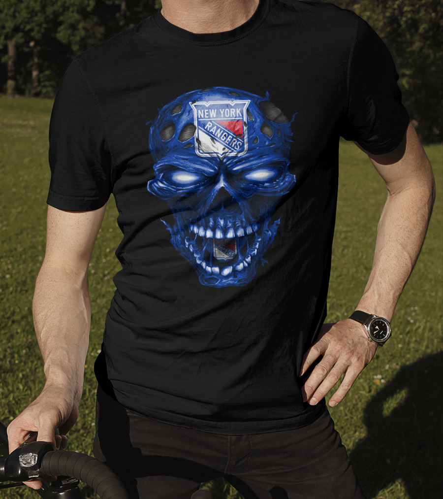 New York Rangers Skull Blue Biker Art T-Shirt