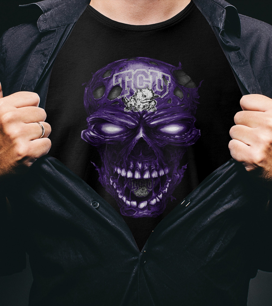Tcu Horned Frogs Skull Purple Head With Frog And Bold Tcu T-Shirt
