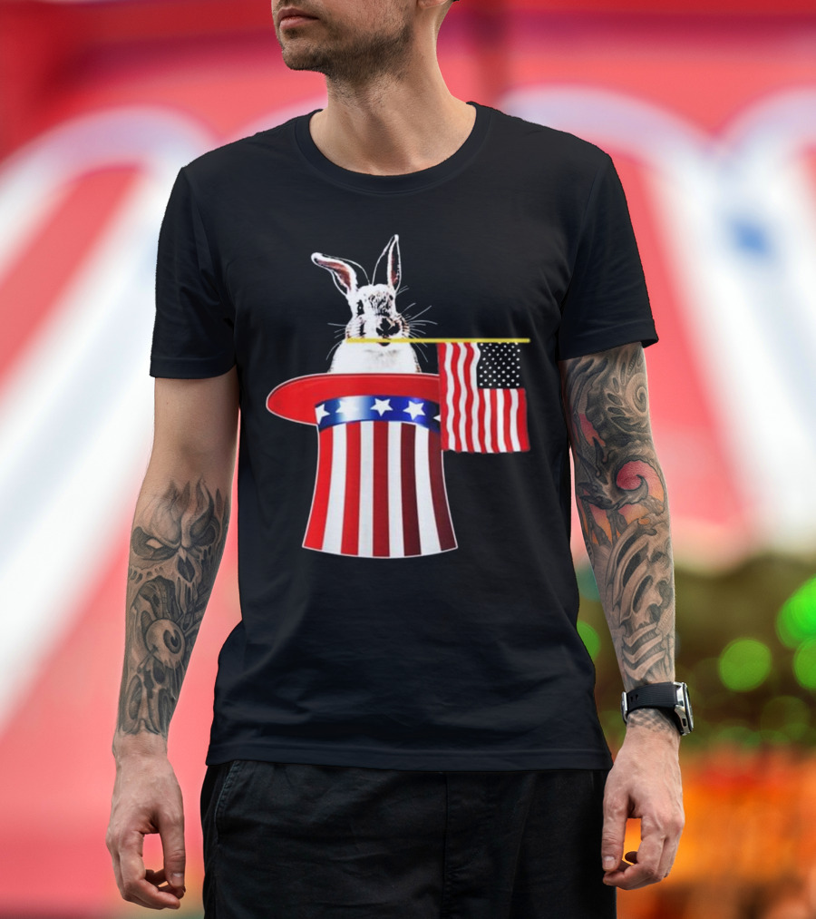 Rabbit in Stars and Stripes Hat with American Flag 4th of July T-Shirt