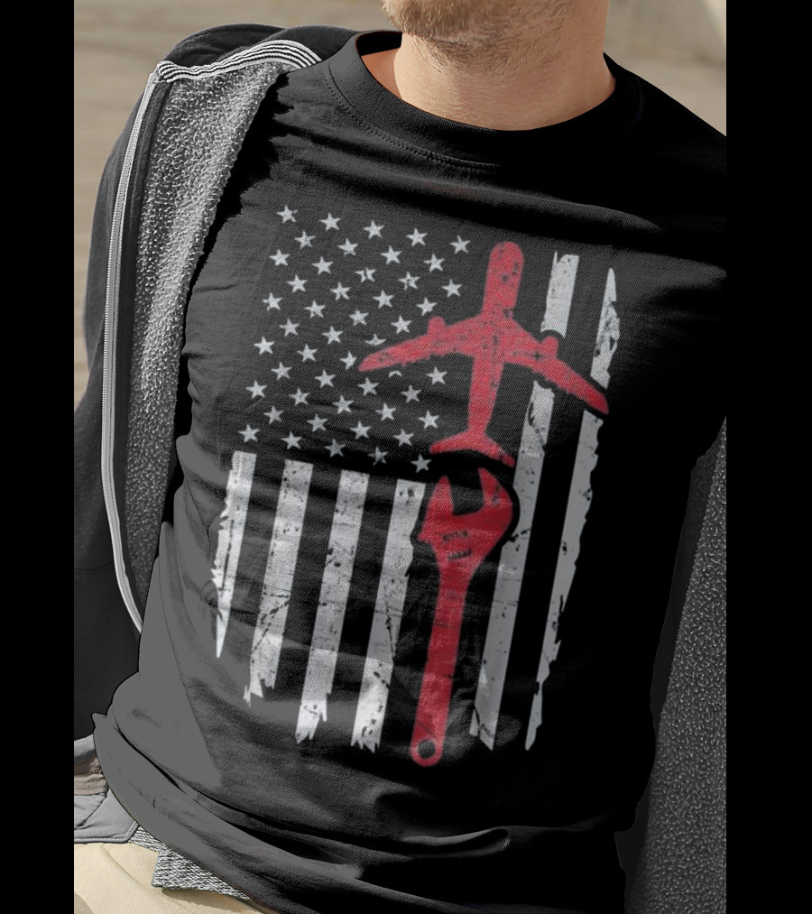 American Flag Airplane Mechanic Aviation Technician Wrench T-Shirt