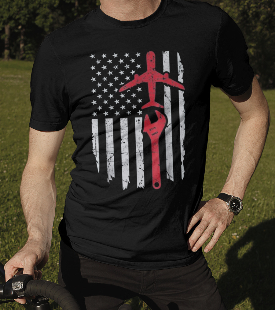 American Flag Airplane Mechanic Aviation Technician Wrench T-Shirt