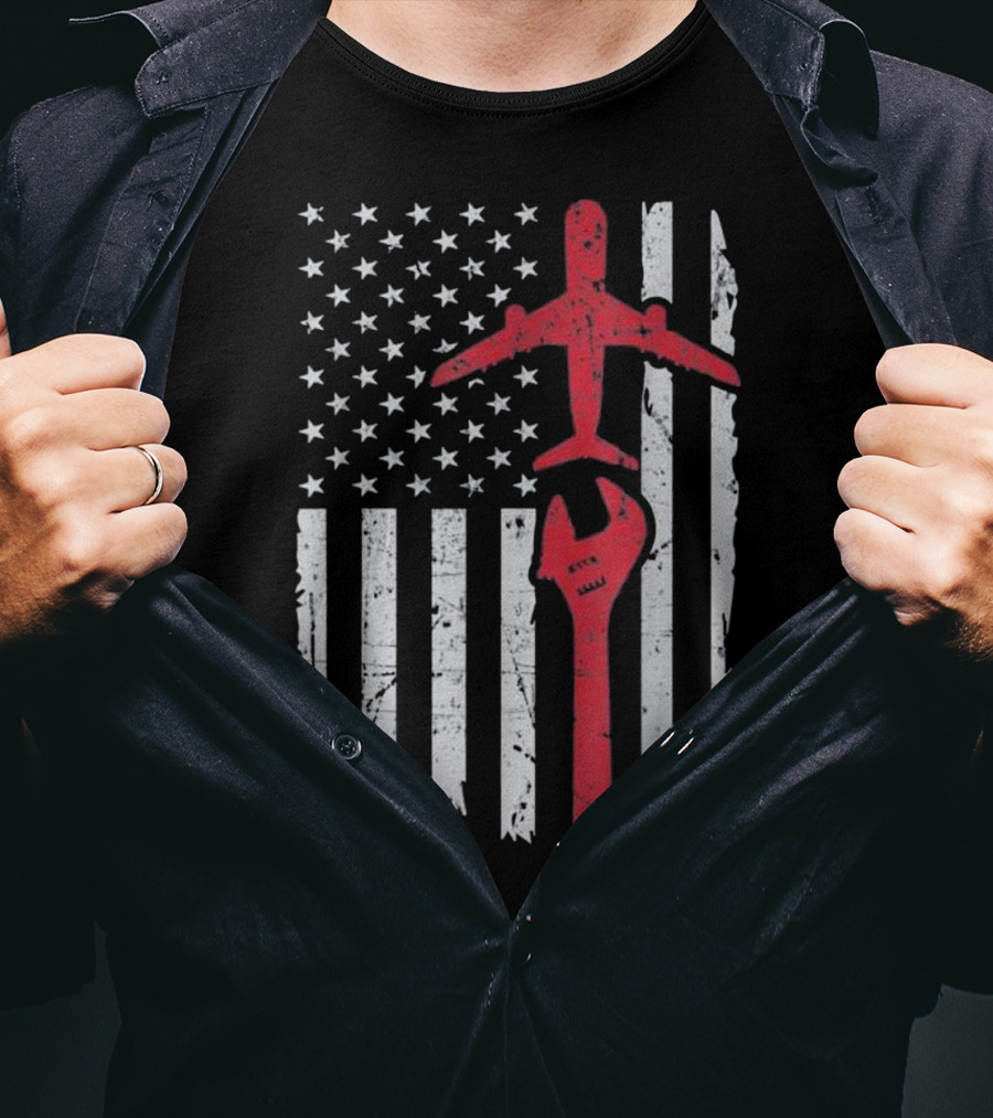 American Flag Airplane Mechanic Aviation Technician Wrench T-Shirt