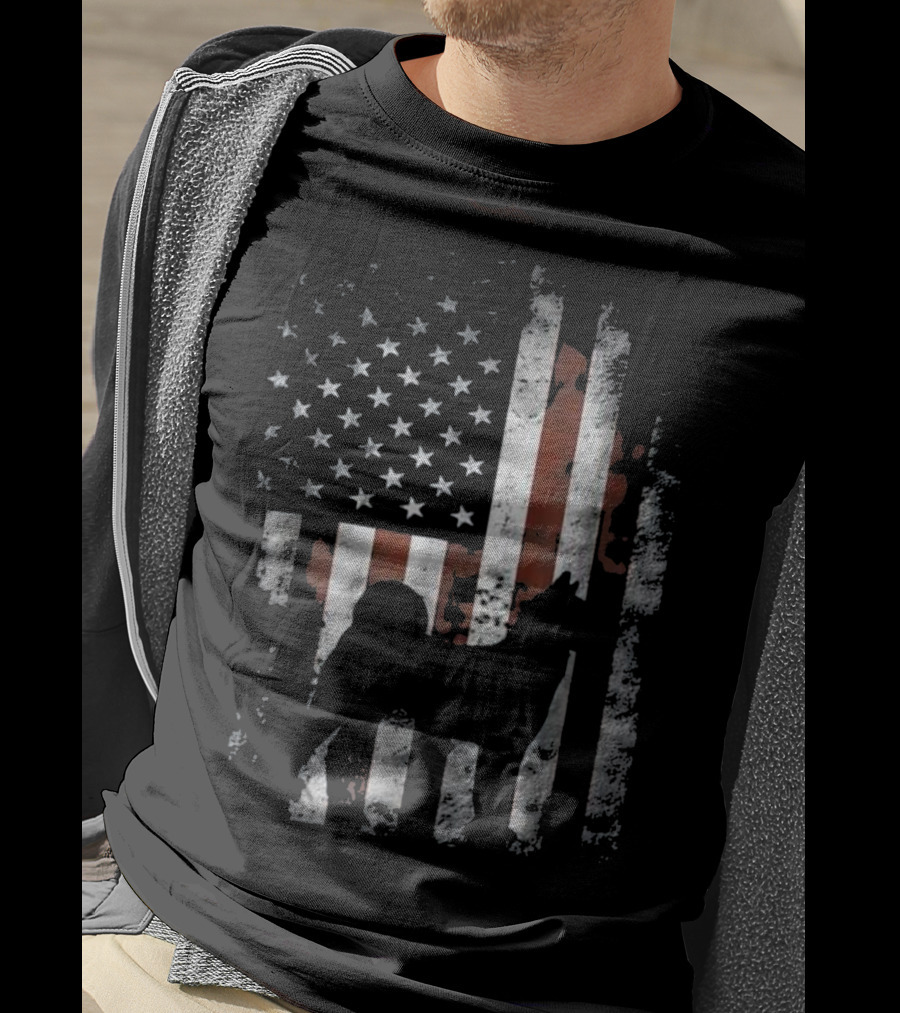Akita Inu Silhouette Overlaid On American Flag Patriotic T-Shirt