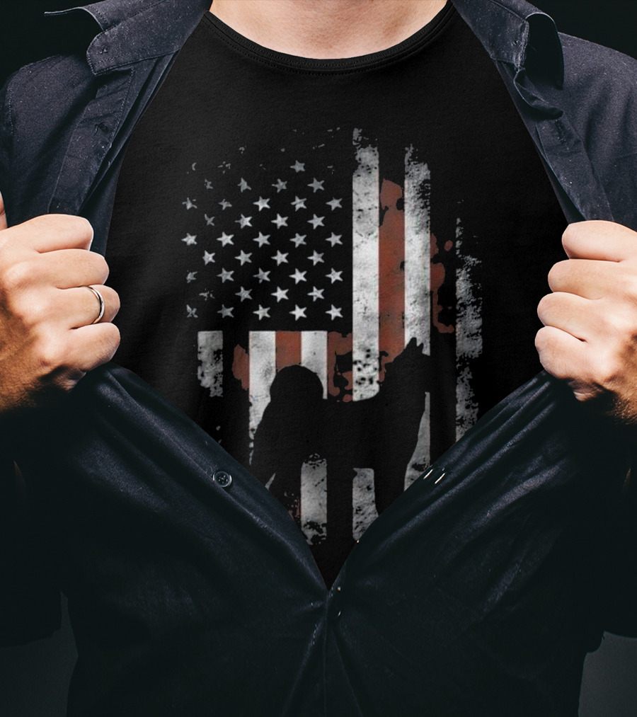 Akita Inu Silhouette Overlaid On American Flag Patriotic T-Shirt