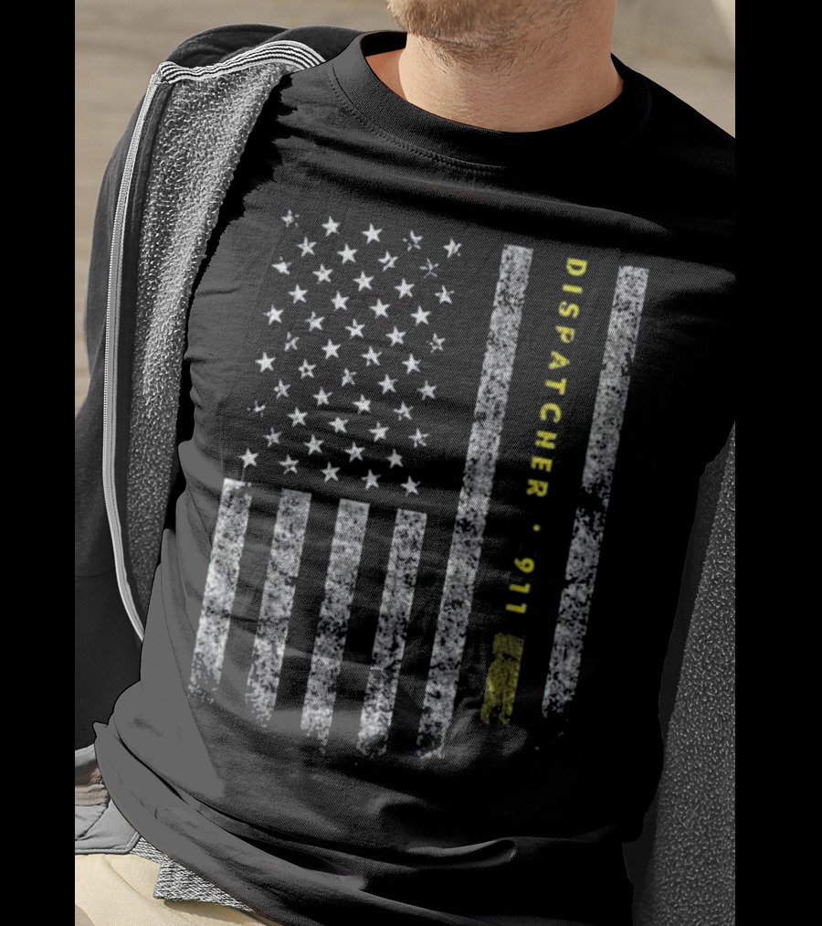 American Flag Dispatcher 911 Gold Line T-Shirt