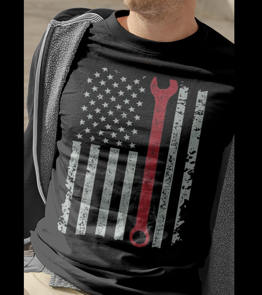 American Flag Mechanic Wrench Patriotic USA Pride T-Shirt