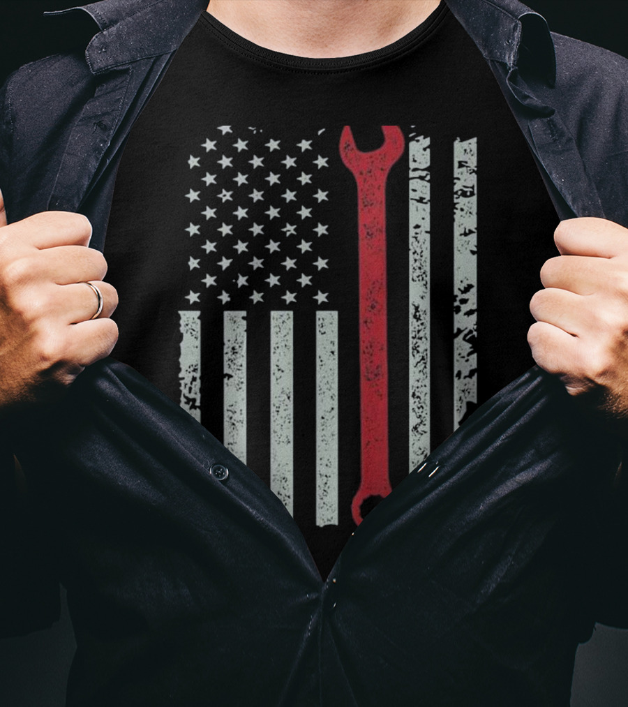 American Flag Mechanic Wrench Patriotic USA Pride T-Shirt