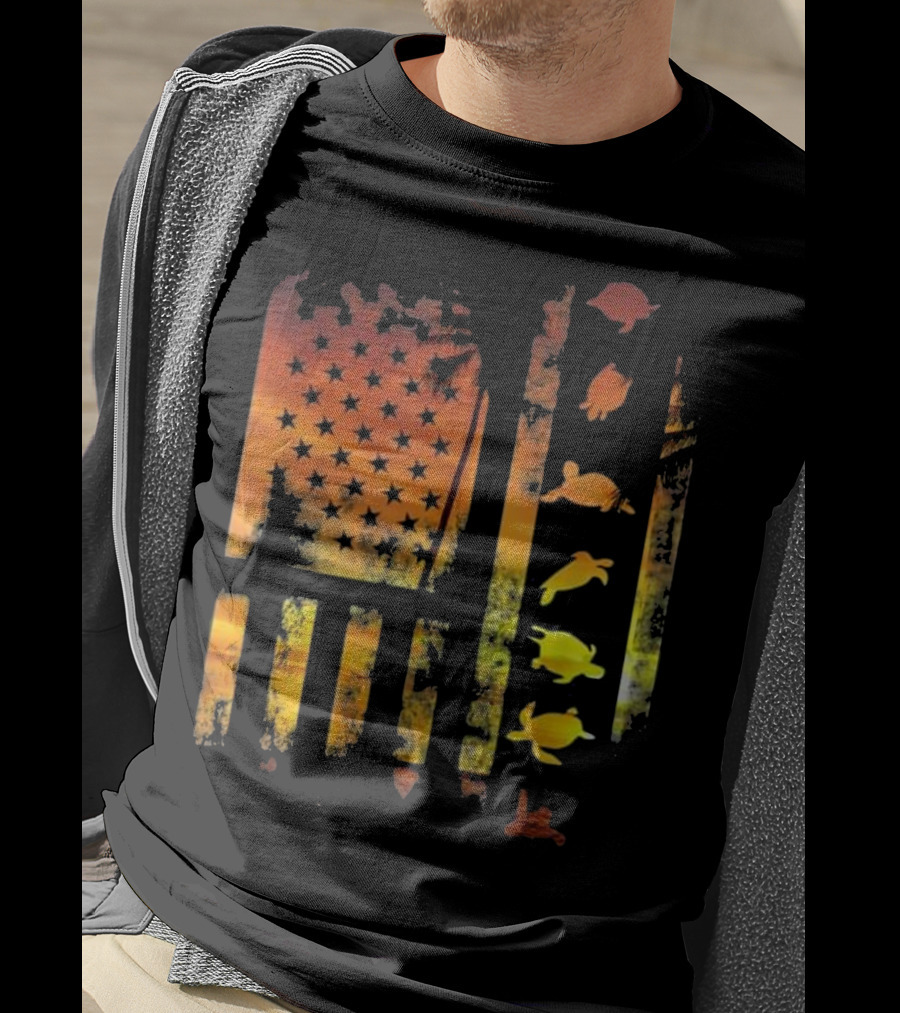 American Flag Sunset Sea Turtle T-Shirt