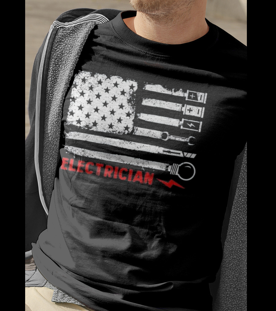 American Flag Electrician Wrench Bolt Battery Stars Stripe Icons T-Shirt