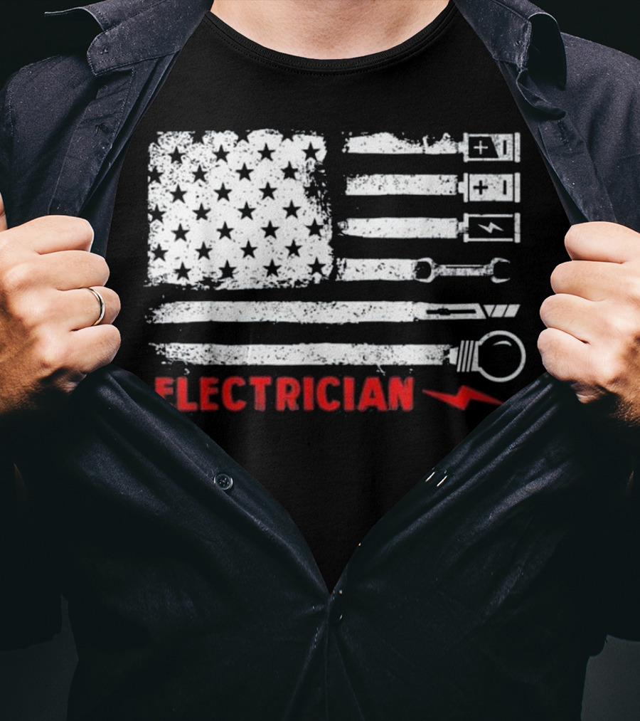 American Flag Electrician Wrench Bolt Battery Stars Stripe Icons T-Shirt