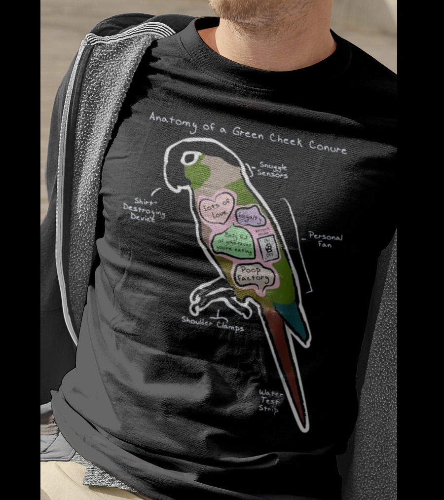 Anatomy Of A Green Cheek Conure Shirt-Destroying Device Snuggle Sensors Shoulder Clamps Poop Factory Personal Fan T-Shirt