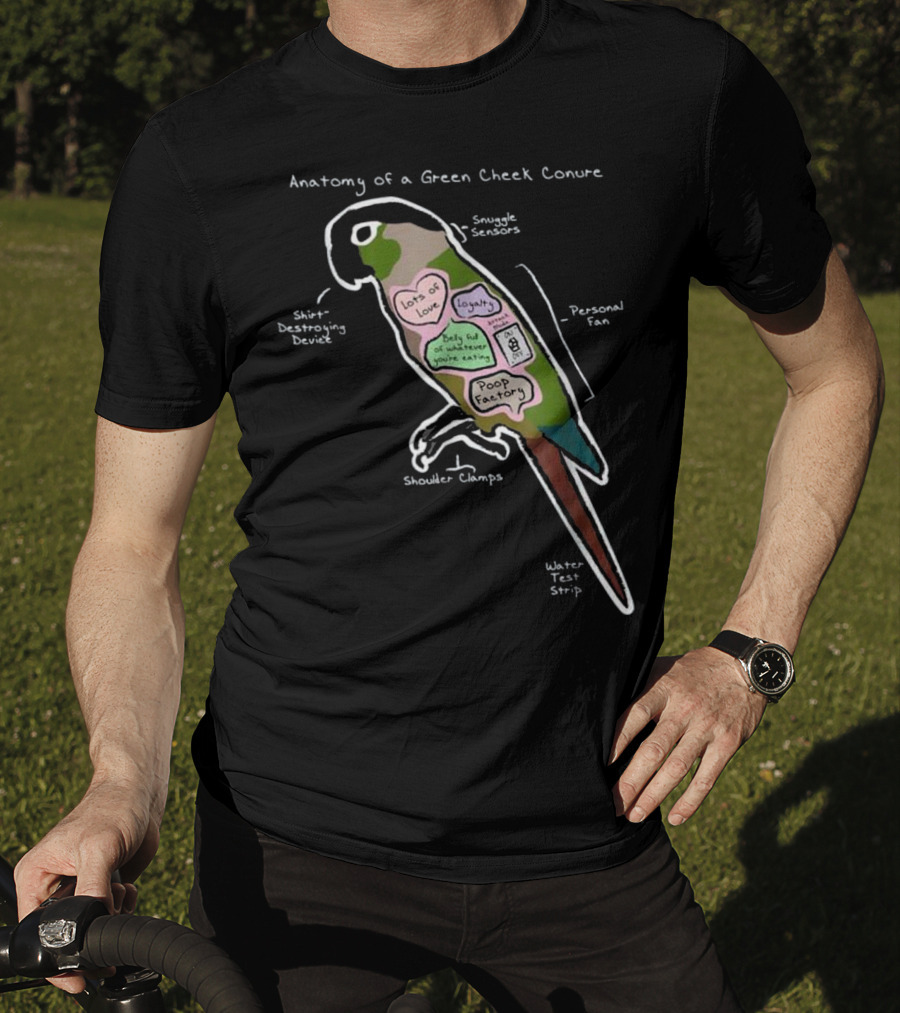 Anatomy Of A Green Cheek Conure Shirt-Destroying Device Snuggle Sensors Shoulder Clamps Poop Factory Personal Fan T-Shirt