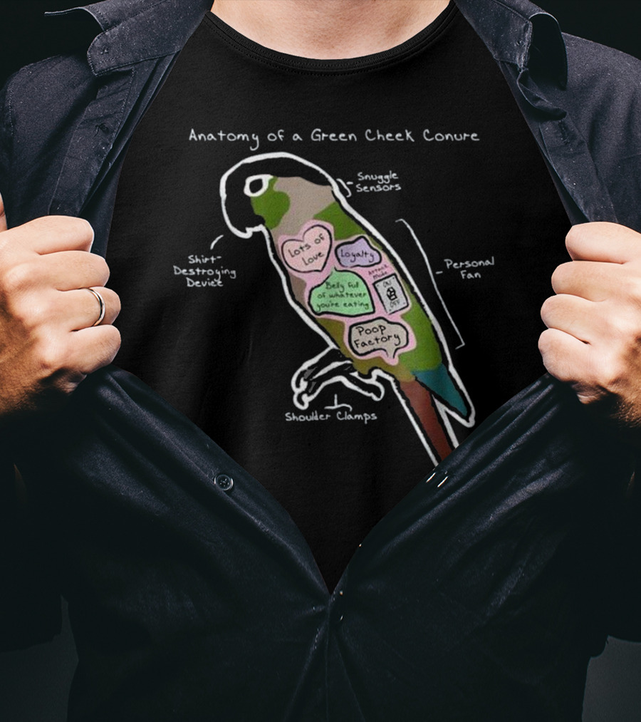 Anatomy Of A Green Cheek Conure Shirt-Destroying Device Snuggle Sensors Shoulder Clamps Poop Factory Personal Fan T-Shirt