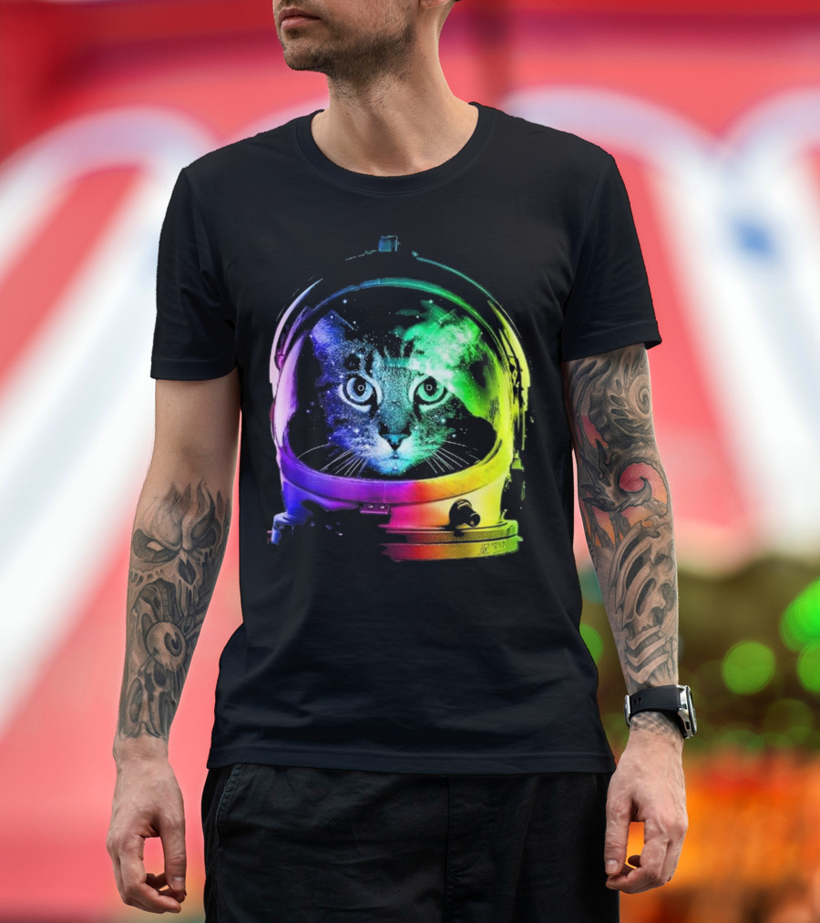 Space Cat in Astronaut Helmet with Cosmic Rainbow Colors T-Shirt