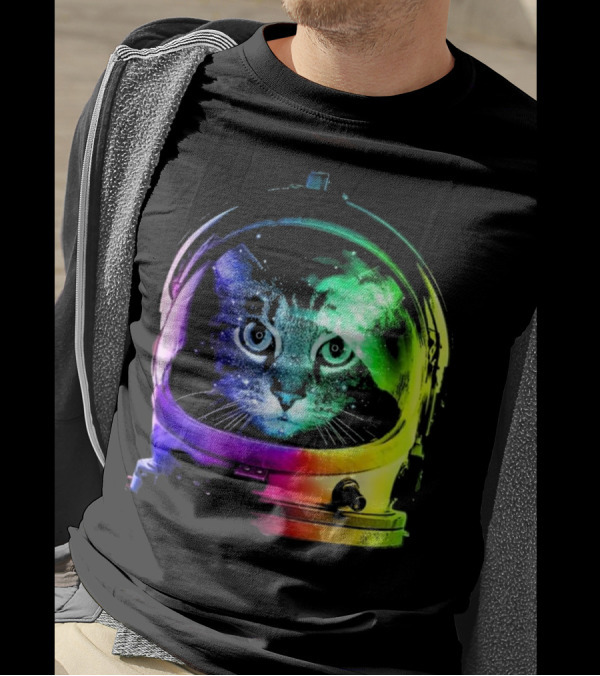 Space Cat In Astronaut Helmet With Cosmic Rainbow Colors T-Shirt