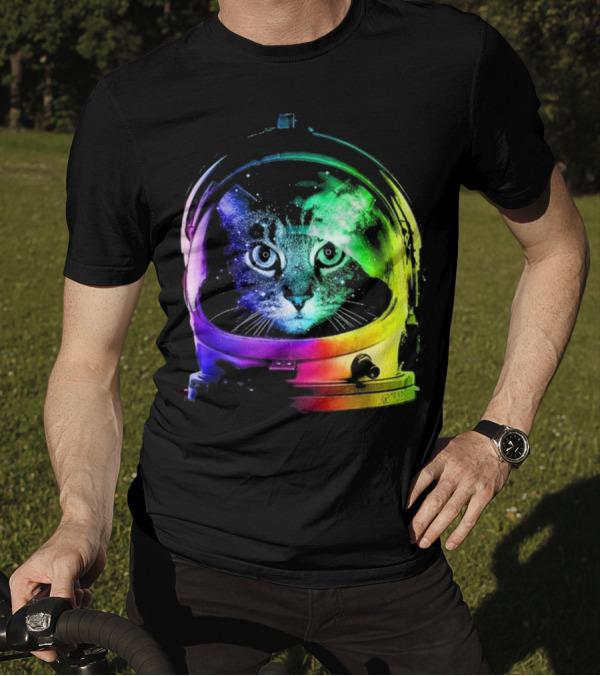 Space Cat In Astronaut Helmet With Cosmic Rainbow Colors T-Shirt