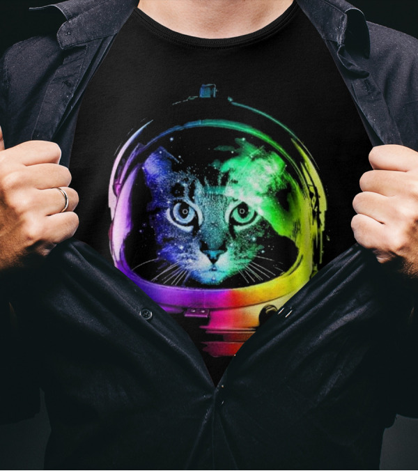Space Cat In Astronaut Helmet With Cosmic Rainbow Colors T-Shirt