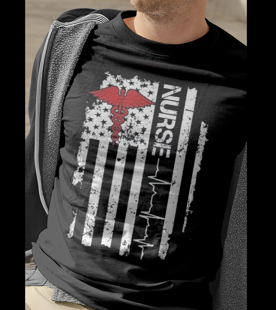 Nurse Caduceus Heartbeat American Flag Stars Stripes T-Shirt