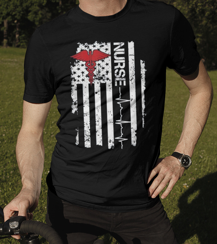 Nurse Caduceus Heartbeat American Flag Stars Stripes T-Shirt