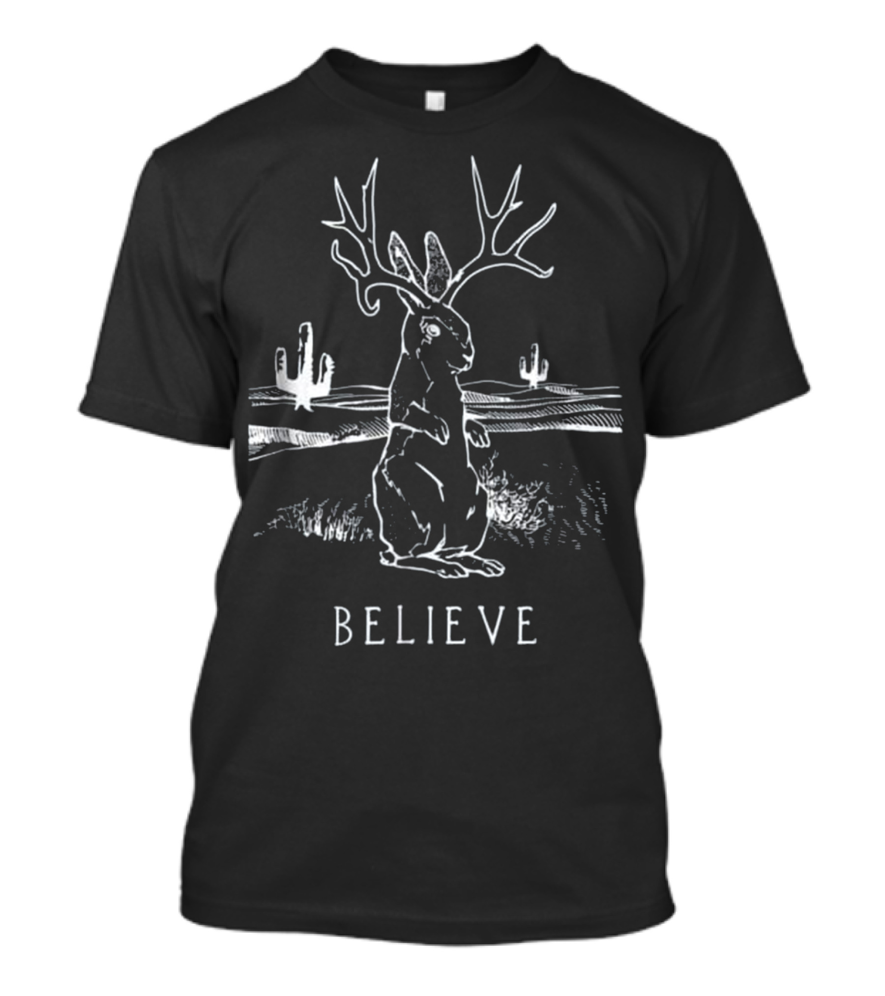 Believe Jackalope Cryptid Antlered Rabbit Desert Scene T-Shirt
