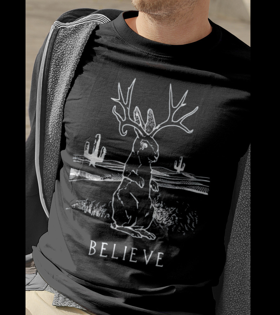 Believe Jackalope Cryptid Antlered Rabbit Desert Scene T-Shirt