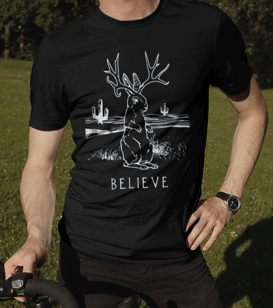 Believe Jackalope Cryptid Antlered Rabbit Desert Scene T-Shirt