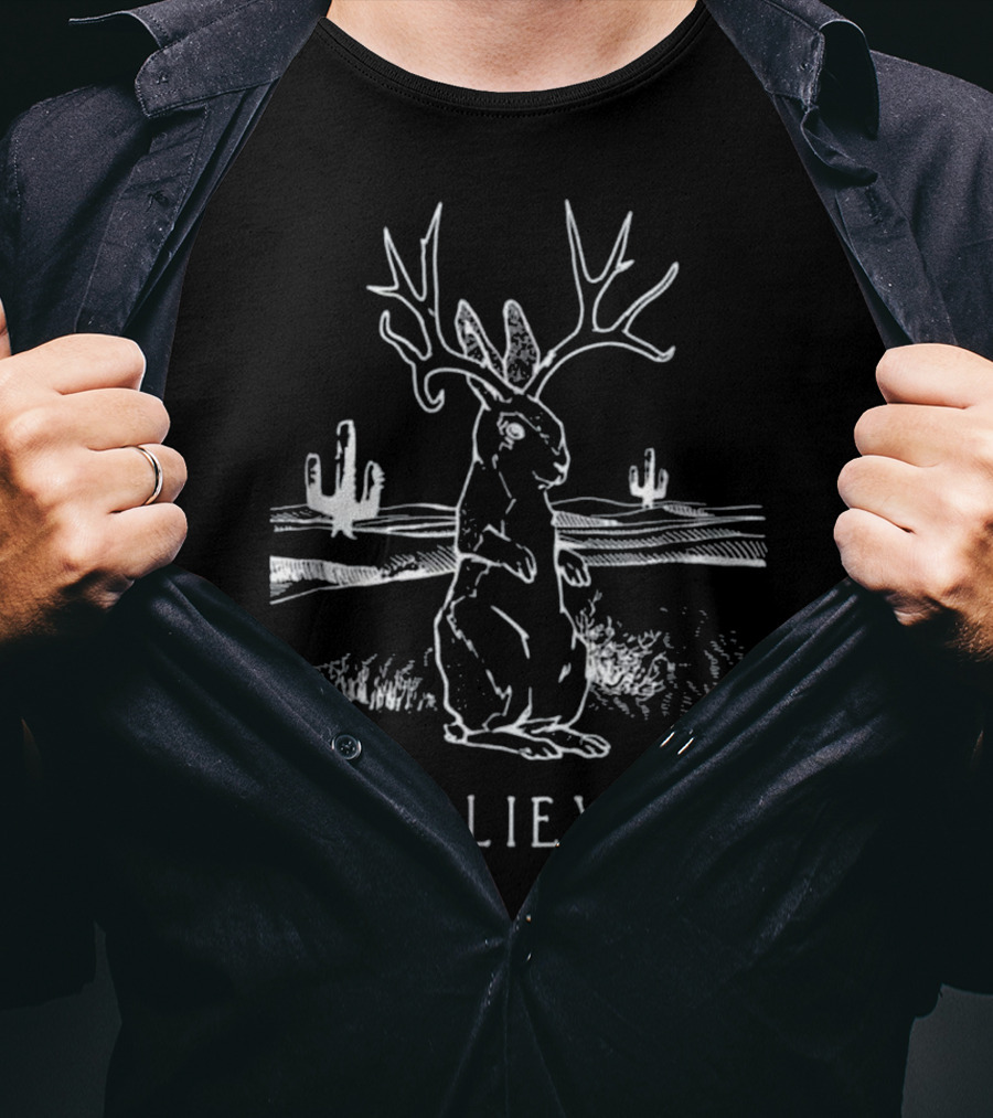 Believe Jackalope Cryptid Antlered Rabbit Desert Scene T-Shirt