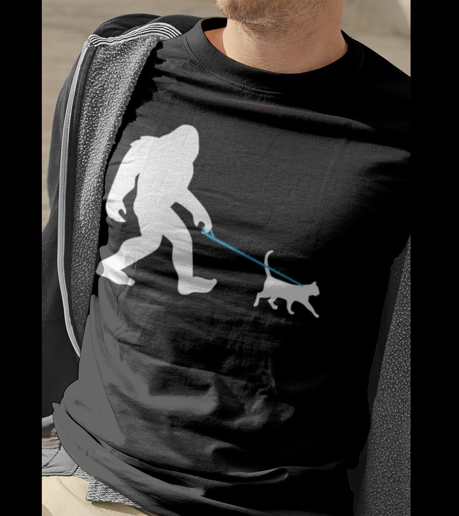 Bigfoot Walking Cat Funny Cute Sasquatch Silhouette Leash T-Shirt
