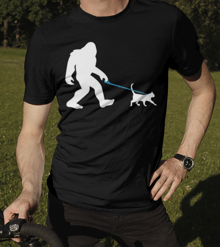 Bigfoot Walking Cat Funny Cute Sasquatch Silhouette Leash T-Shirt