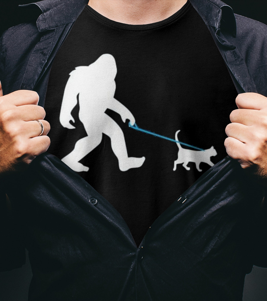 Bigfoot Walking Cat Funny Cute Sasquatch Silhouette Leash T-Shirt