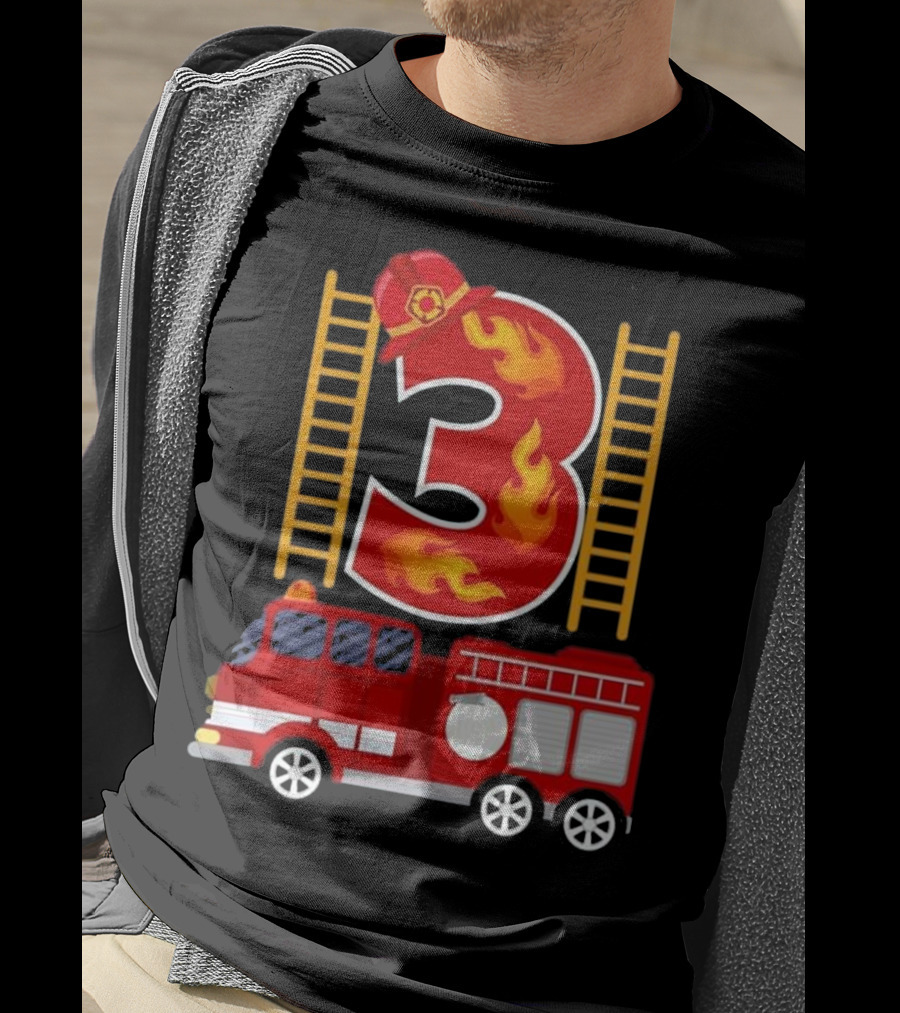 Birthday Firefighter Number 3 Fire Truck Flames Hat Ladder T-Shirt