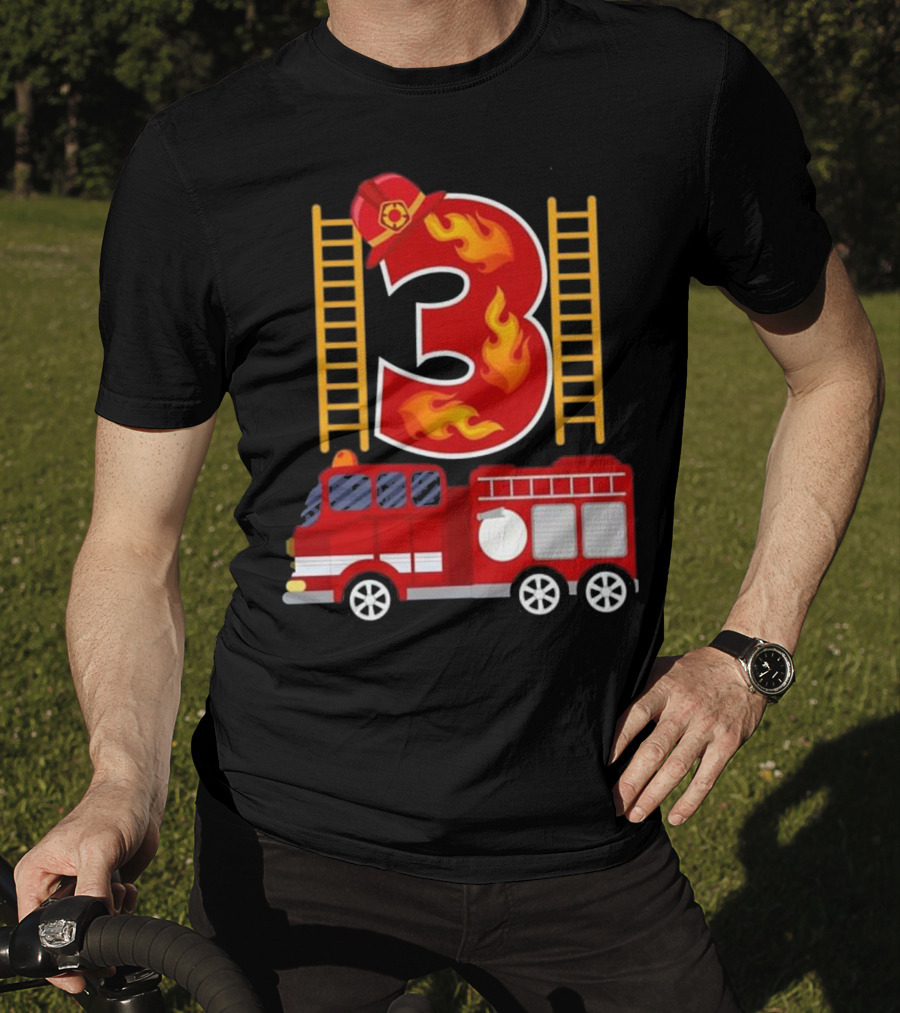Birthday Firefighter Number 3 Fire Truck Flames Hat Ladder T-Shirt