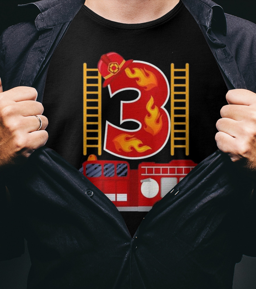 Birthday Firefighter Number 3 Fire Truck Flames Hat Ladder T-Shirt